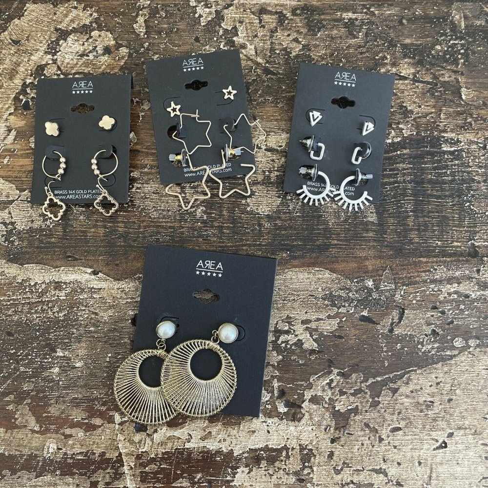 Area Stars Silver 4 Pack of  Moon, Stars,  Earrings, Brass 14K Gold Plated, NEW